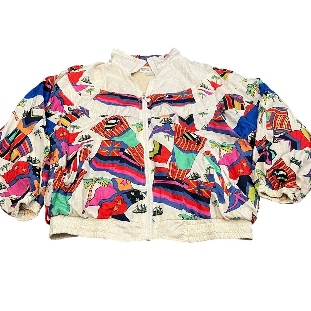 Euro Joy Windbreaker Jacket Womens M White Multi Color Flag Tropical Vintage 80s
